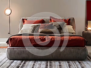 A modern bed with red and grey pillows