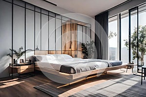 MODERN BED ROOM WITH GRAY CURTAINS GENERATED BY AI TOOL