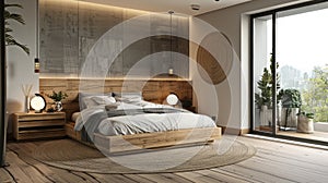 a modern bedroom ambiance, characterized by oak and white furniture, and unadorned walls photo