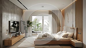 a modern bedroom ambiance, characterized by oak and white furniture, and unadorned walls photo