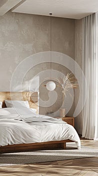 a modern bedroom ambiance, characterized by oak and white furniture, and unadorned walls photo