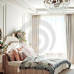 Modern bedroom with beautiful furniture, comfortable bed,pillow and chandelier ai generated