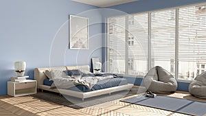 Modern bedroom in blue pastel tones, big panoramic window, double bed with carpet and pouf, herringbone parquet floor, minimal