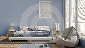 Modern bedroom in blue pastel tones, big panoramic window, double bed with carpet and pouf, herringbone parquet floor, minimal