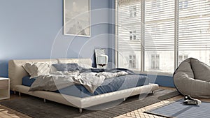 Modern bedroom in blue pastel tones, big panoramic window, double bed with carpet and pouf, herringbone parquet floor, minimal