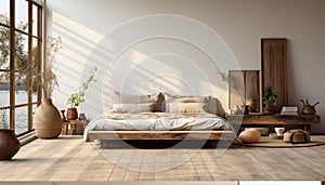 Modern bedroom with comfortable bed, elegant decor, and bright sunlight generated by AI