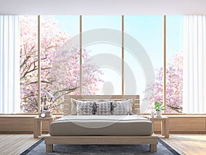 Modern bedroom decorate room with wood 3d rendering image