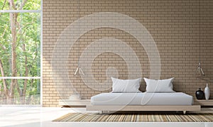 Modern bedroom decorate wall with brick 3d rendering image photo