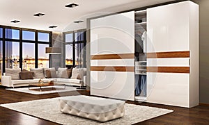 Modern bedroom design with sliding wardrobe. Evening view.