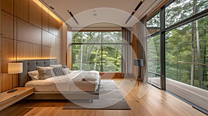 Modern bedroom design with a view of the forest, serene and stylish interior. elegant home decor. peaceful and airy