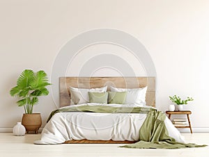 Modern bedroom with empty whate wall for mockups. Wooden double bed with pillows, cozy furniture and plants. Room interior with