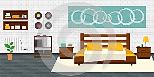 Modern Bedroom with furniture. Flat style vector illustration. Cozy interior. Hotel room