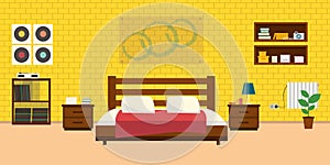 Modern Bedroom with furniture. Flat style vector illustration. Cozy interior. Hotel room