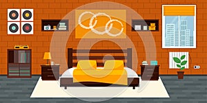 Modern Bedroom with furniture. Flat style vector illustration. Cozy interior. Hotel room