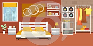 Modern Bedroom with furniture. Flat style vector illustration. Cozy interior. Hotel room