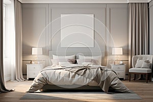Modern bedroom with gray blanket and big window. Modern Interior. Generative AI