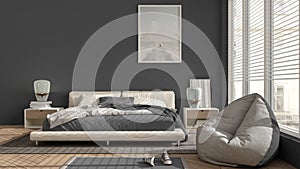 Modern bedroom in gray and pastel tones, big panoramic window, double bed with carpet and pouf, herringbone parquet floor, minimal