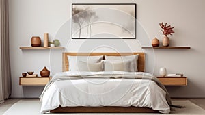 Modern Bedroom With Gray Sheets And Japanese-inspired Imagery