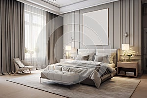 Modern bedroom with gray and white colors, big window and plants. Generative AI