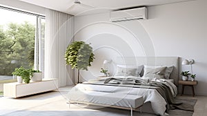 Modern bedroom interior, bed in the middle of the room, air conditioning in the room, relaxation, minimalism space