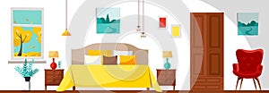 Modern Bedroom interior with a bed, nightstands, lamps, wardrobe, red soft armchair and window with trees landscape. Flat cartoon