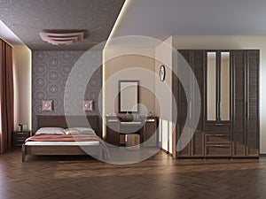 Modern Bedroom Interior with Beige Walls, Terra Cotta Curtains, Ladies` Table, Bed with Pillows, Wardrobe with Mirror