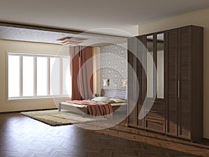 Modern Bedroom Interior with Beige Walls, Terra Cotta Curtains, Large Window, Bed with Pillows, Wardrobe with Mirror, Carpet