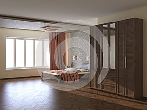 Modern Bedroom Interior with Beige Walls, Terra Cotta Curtains, Large Window, Bed with Pillows, Wardrobe with Mirror, Parquet Floo