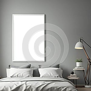 Modern bedroom interior with blank white poster frame, comfortable bed, bedside table, and elegant floor lamp. Minimalist design