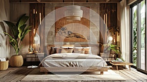 Modern bedroom interior with brown color, plants and painting on white wall, luxury wood home design. Theme of rustic style, room