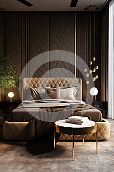 Modern bedroom interior with brown and dark walls, king size bed and golden accessories