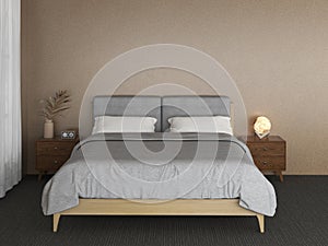 Modern bedroom interior with brown walls, carpeted floor and comfortable double bed with grey linen. AI Generative