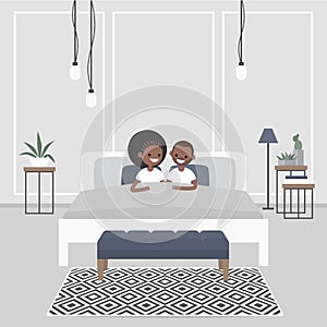 Modern bedroom interior. Couple of young african american adults