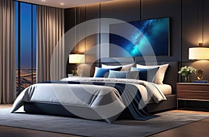 modern bedroom interior, cozy atmosphere, luxury hotel, double bed, white linen, blue shades, warm night lighting