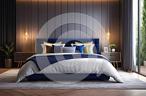 modern bedroom interior, cozy atmosphere, luxury hotel, double bed, white linens, blue and gold shades, sunny day
