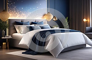 modern bedroom interior, cozy atmosphere, luxury hotel, double bed, white linens, blue shades, dark gray walls,