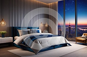 modern bedroom interior, cozy atmosphere, luxury hotel, double bed, white linens, blue shades, warm night