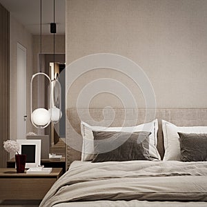 Modern bedroom interior design with big mirror and pendant light. Luxury home bedroom with empty wall background.