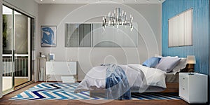 Modern bedroom interior design. cozy sleeping place. 3D render