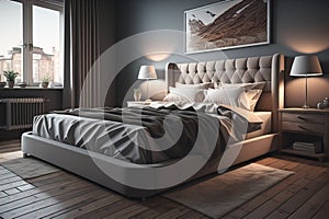 Modern bedroom interior design with gray walls, wooden floor, comfortable king size bed with two pillows. ai generative