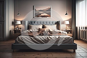 Modern bedroom interior design with gray walls, wooden floor, comfortable king size bed with two pillows. ai generative