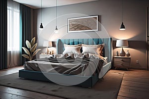 Modern bedroom interior design with gray walls, wooden floor, comfortable king size bed with two pillows. ai generative