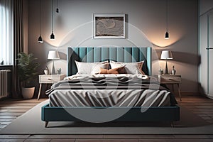 Modern bedroom interior design with gray walls, wooden floor, comfortable king size bed with two pillows. ai generative