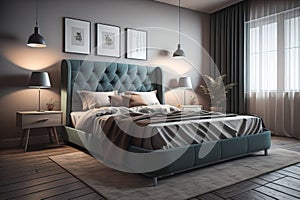 Modern bedroom interior design with gray walls, wooden floor, comfortable king size bed with two pillows. ai generative