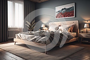 Modern bedroom interior design with gray walls, wooden floor, comfortable king size bed with two pillows. ai generative