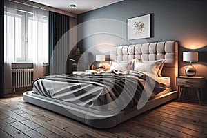 Modern bedroom interior design with gray walls, wooden floor, comfortable king size bed with two pillows. ai generative