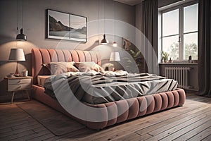 Modern bedroom interior design with gray walls, wooden floor, comfortable king size bed with two pillows. ai generative