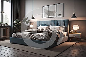 Modern bedroom interior design with gray walls, wooden floor, comfortable king size bed with two pillows. ai generative