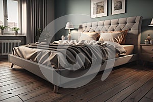 Modern bedroom interior design with gray walls, wooden floor, comfortable king size bed with two pillows. ai generative