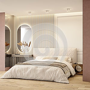 Modern bedroom interior design. Luxury home bedroom with empty white wall background.